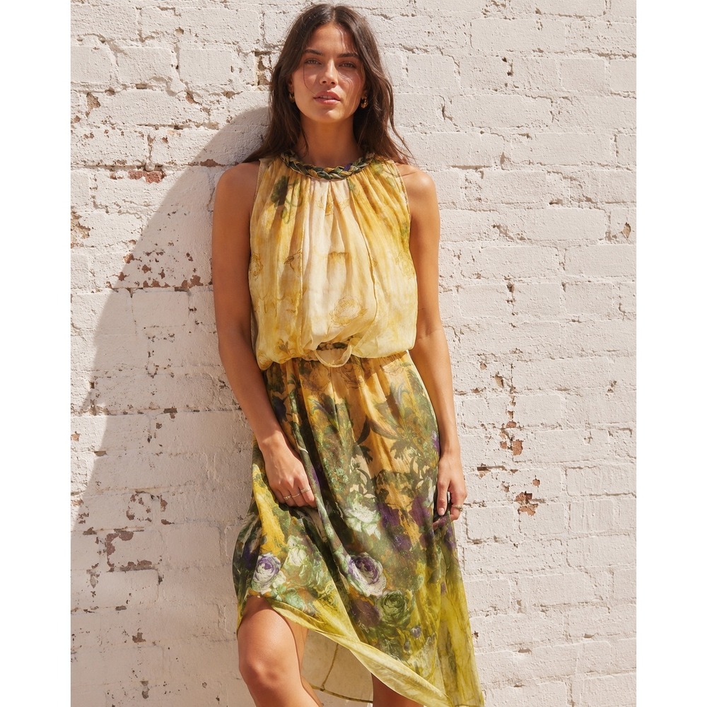 Queen Mulock Silk Flowy Midi Dress‎ Braided Fairycore Garden Floral Romantic L